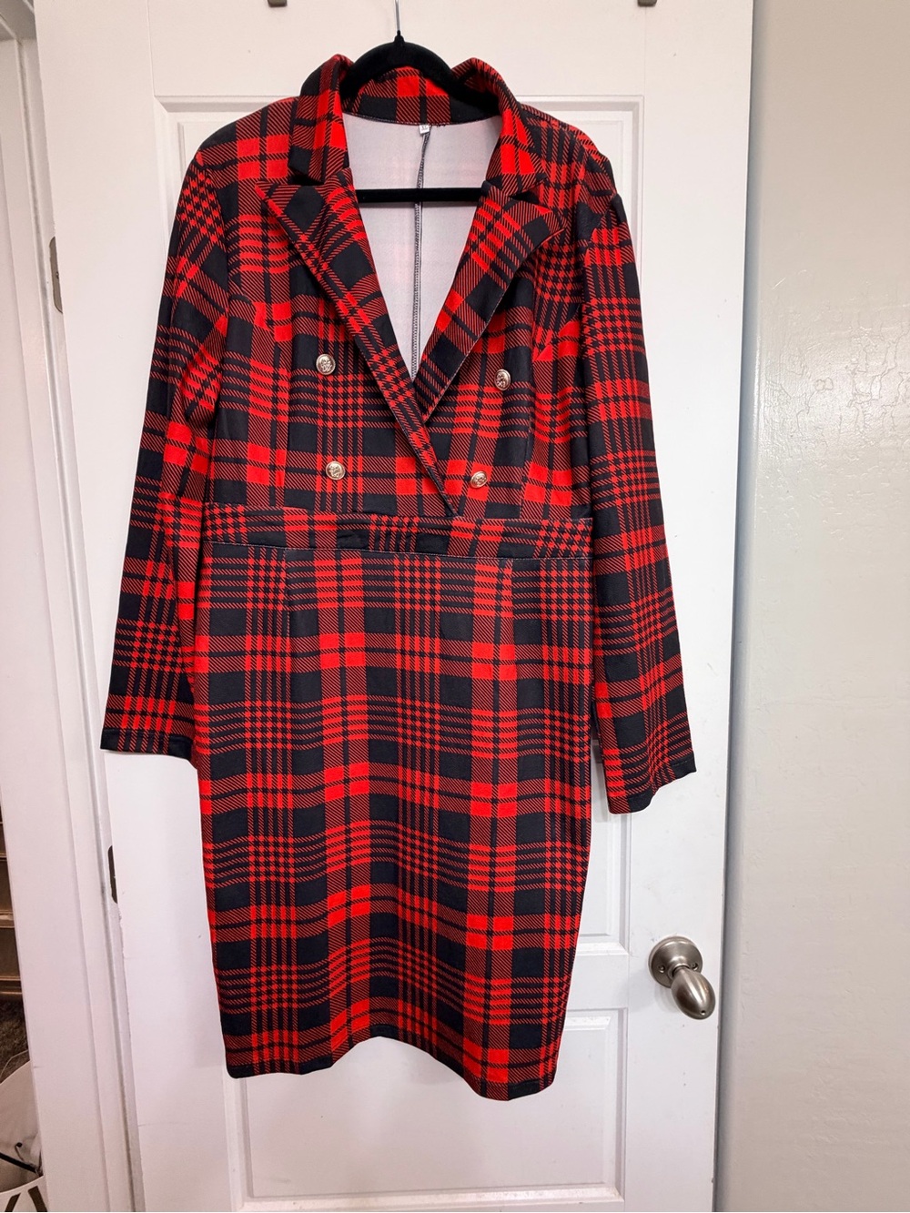 Red Plaid Double-Breasted Women's Coat